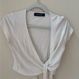 Reformation Cream Ribbed Wrap Crop Top